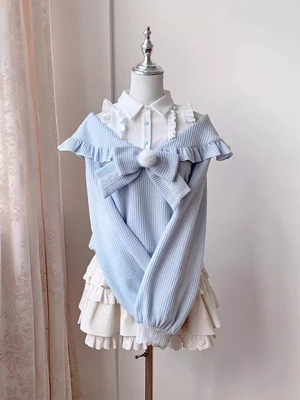 Creamy - Powder Blue Bow - Blue knit top and cream-apricot half-skirt set with an oversized bow