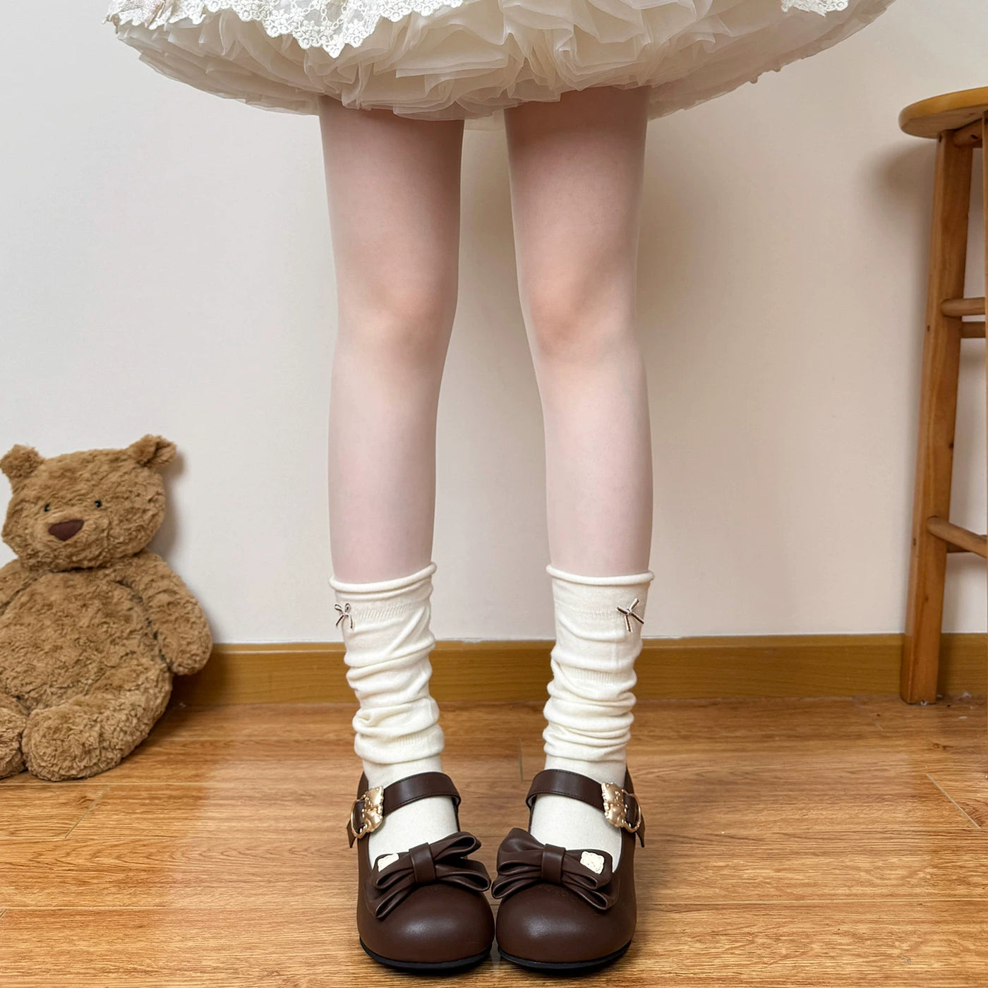 Chubby Bear Tales - Autumn Lace Collection - Wool Mid Calf Socks with Lace and Bow Options