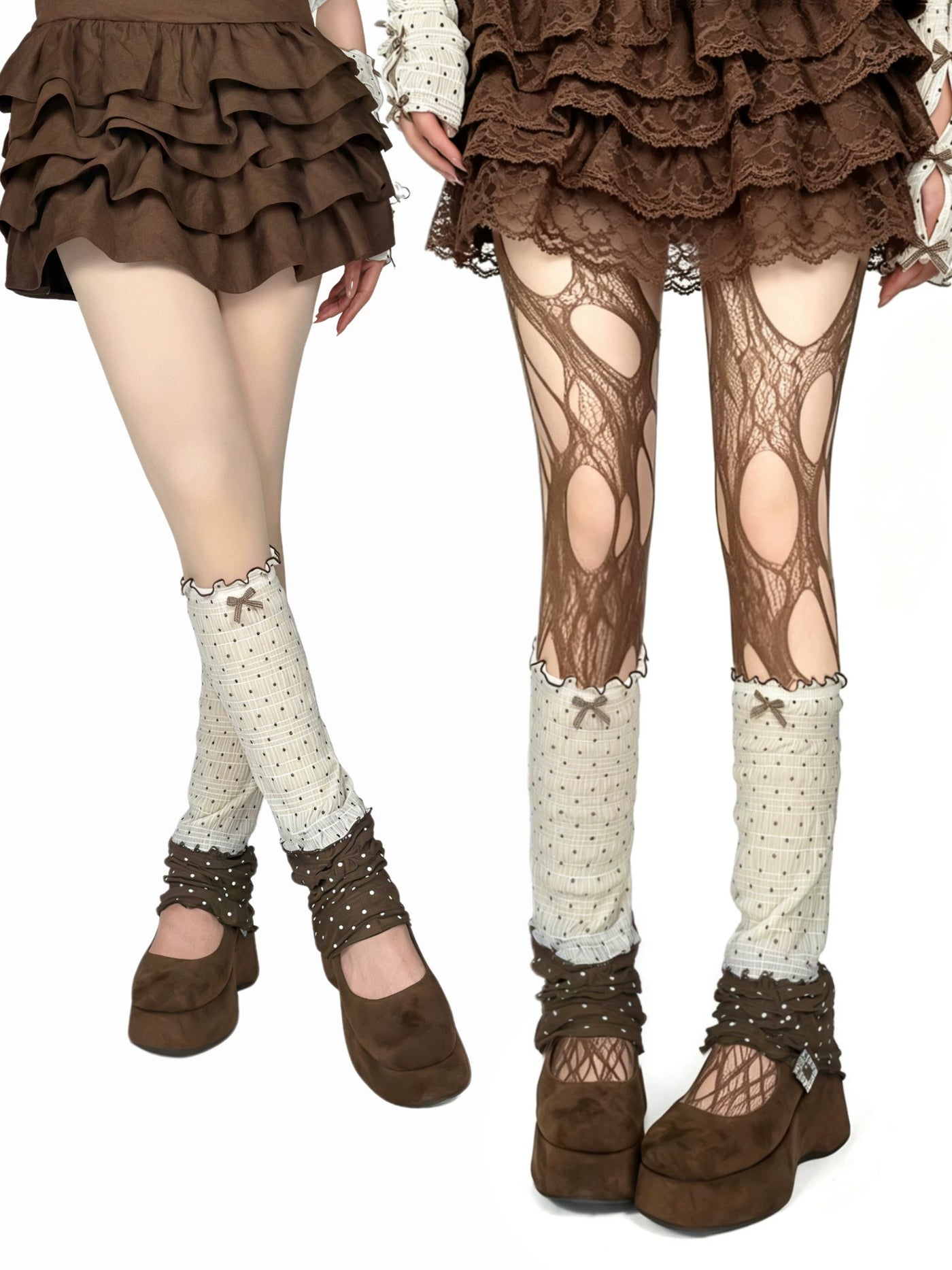 White Socks - Cocoa Dot - Polka-Dot Bow Leg Warmers with Optional Arm Warmers