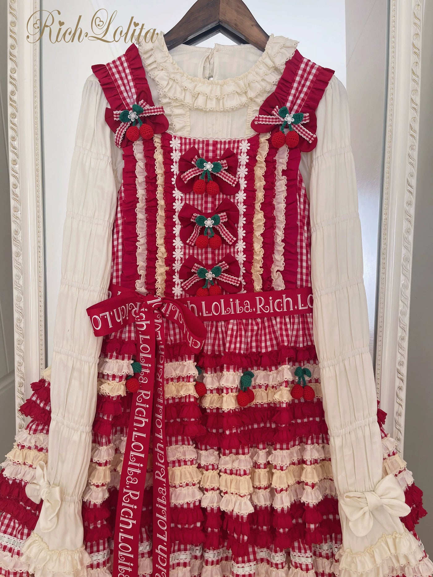 RichLolita - Sugared Cherry - Red Gingham JSK and Vest Dress Collection with Cherry Appliqués