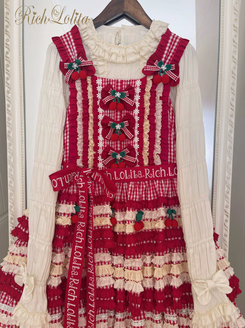 RichLolita - Sugared Cherry - Red Gingham JSK and Vest Dress Collection with Cherry Appliqués