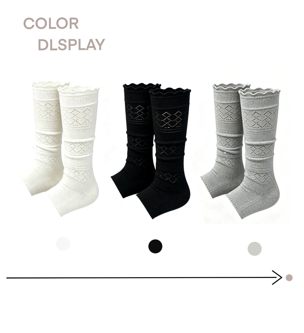 Openwork stirrup leg warmers with scalloped cuffs styled with strappy sandals