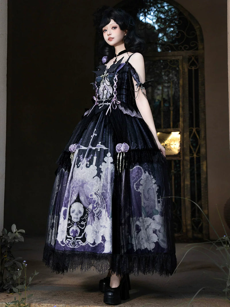 Your Princess - Withered Bone Specter - Gothic Lolita Skirt Set, Rose & Skeleton Hand Decor