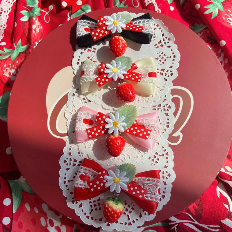 Bear doll - Strawberry Series - Strawberry Top Hat or Side Hair Clip with Layered Bows