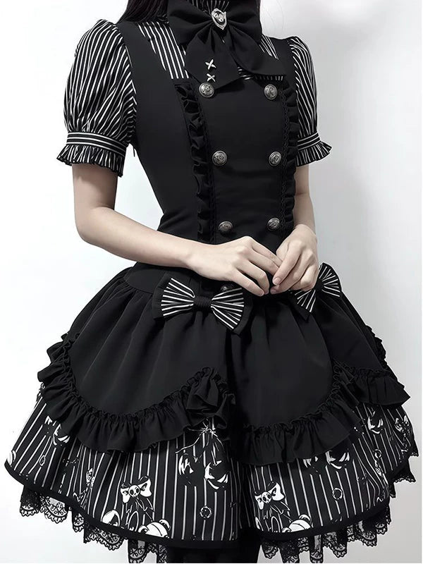 Creamy black-and-white striped JSK set with puff sleeves and bow tie.