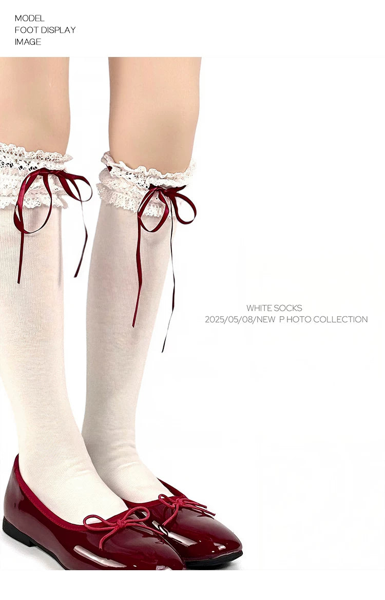 White Socks - Ribbon Ballet - Lace-Trim Slouch Socks with Ribbon Ties