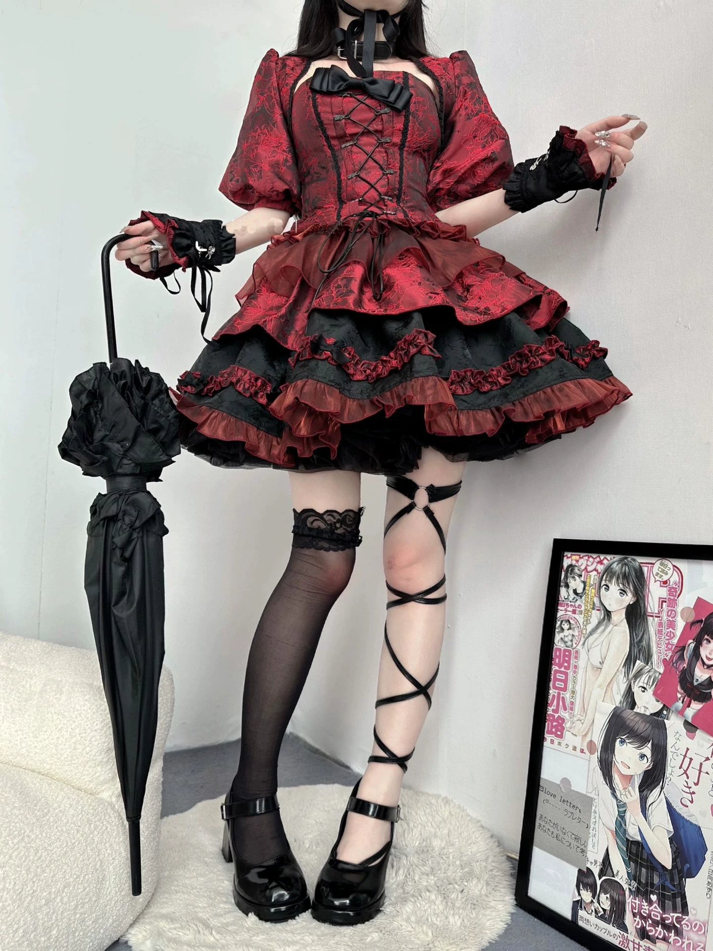 Creamy - Crimson Corset - Red Three-Piece Skirt Set with Fishbone Corset