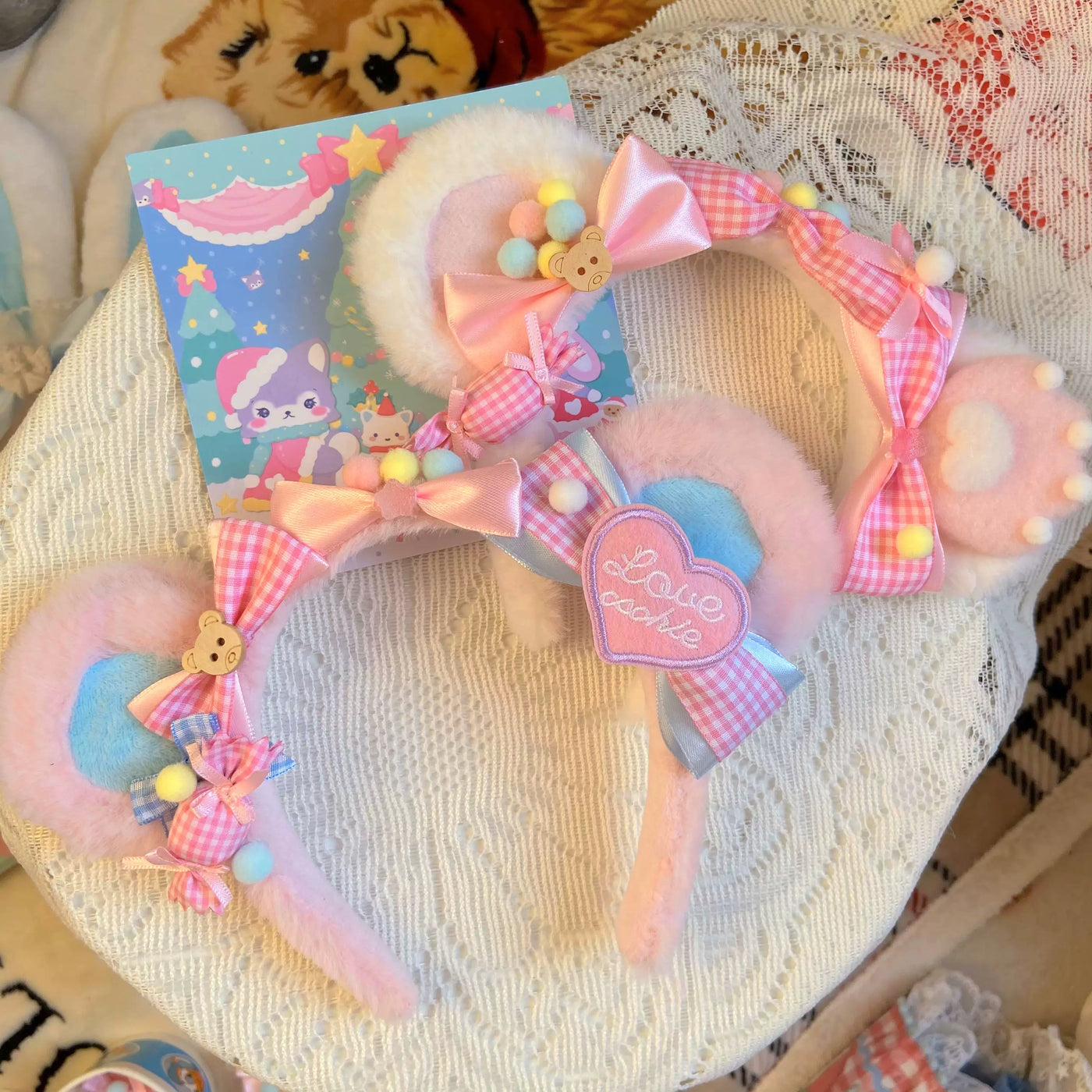 Bear doll - Teddy Bow - Plush Ear Headband with Gingham Bows