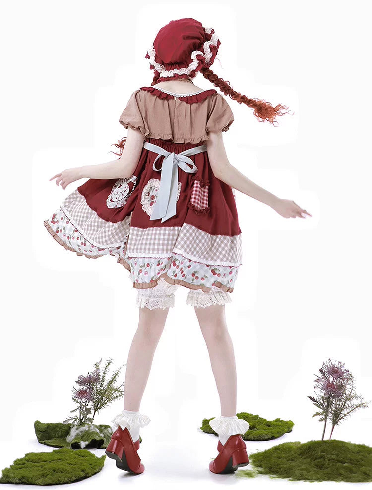 Baozi Pig - Cherry Pastoral - Red OP Dress with Cherry Print