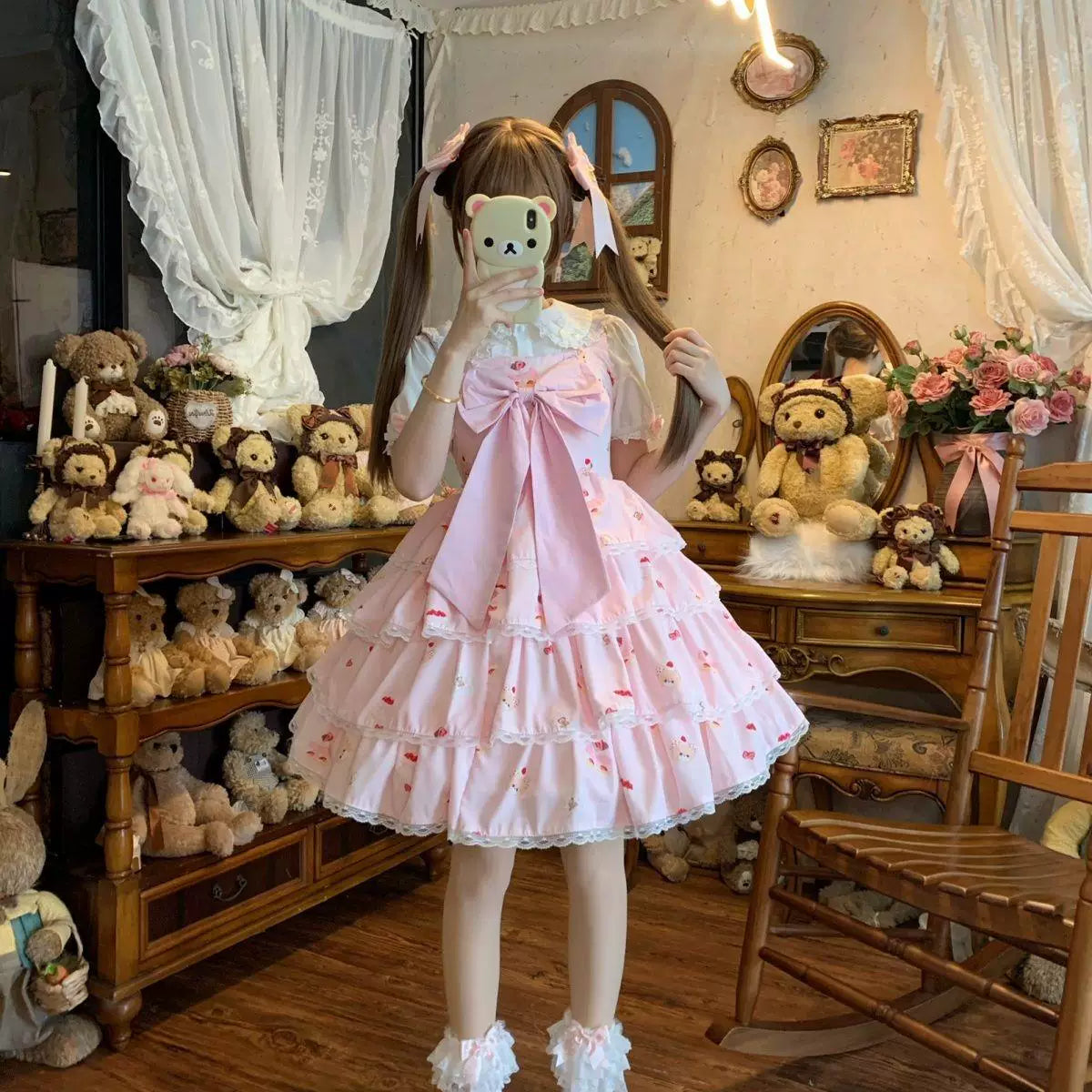 Sweetheart Dream Machine - Layered Sweet Dream - Lolita OP Dress with Tiered Ruffles and Bow Detail