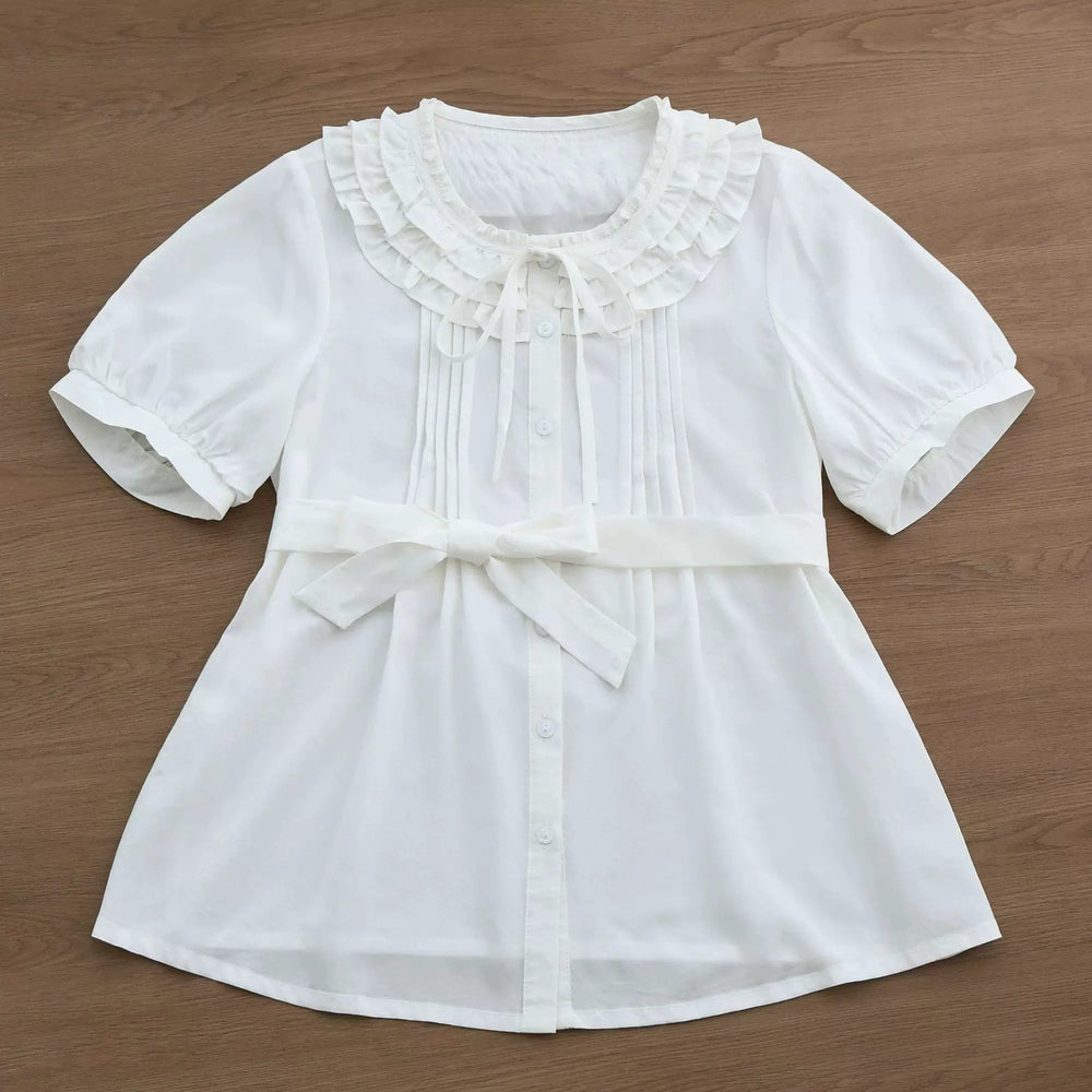 Sweetheart Dream Machine milk-white and light-pink short-sleeve blouse with ruffled collar.