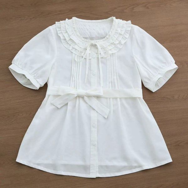 Sweetheart Dream Machine milk-white and light-pink short-sleeve blouse with ruffled collar.