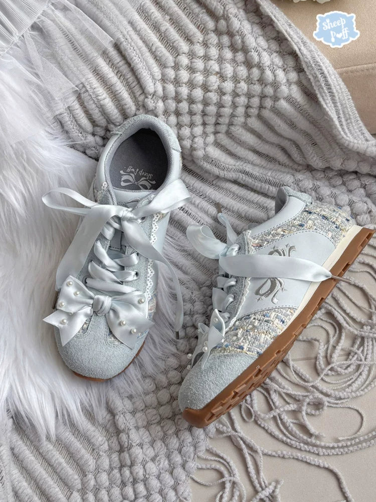 Sheep Puff Angel Pearl Lo-Run Lolita Sneakers featuring pearl accents and a playful sheep puff design in stylish shoes.