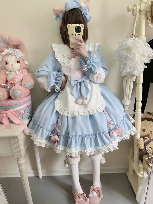 Tata Long Ear blue OP dress with white apron-style front and layered ruffles