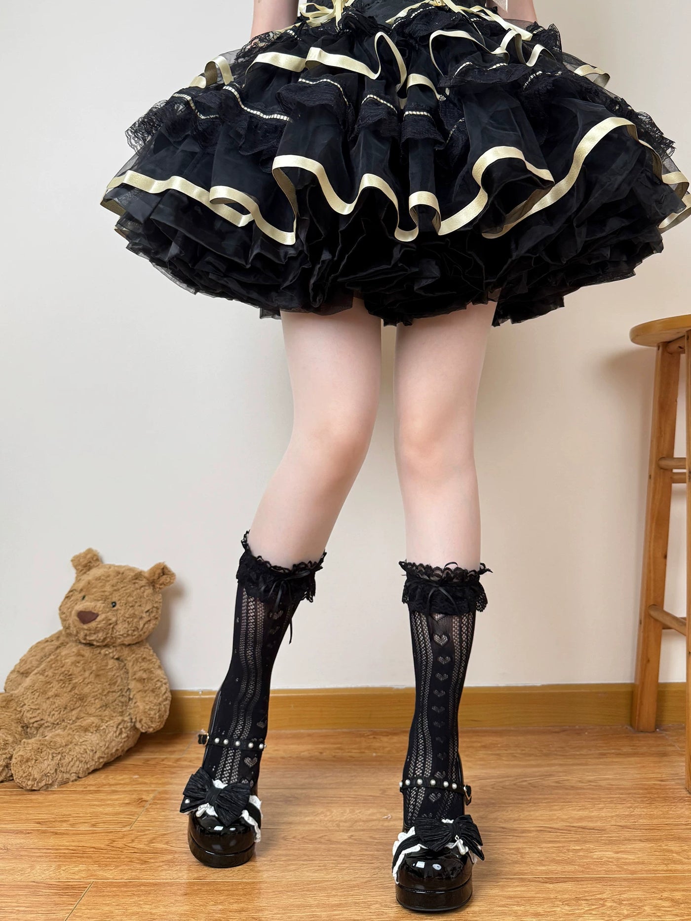 Chubby Bear Tales - Edith - Openwork Mid-Calf Socks with Lace Cuffs and Bows