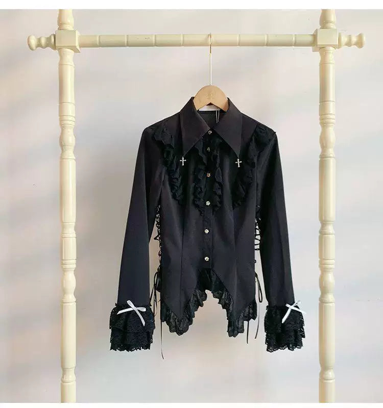 Long-sleeve waist-cinched button-up blouse