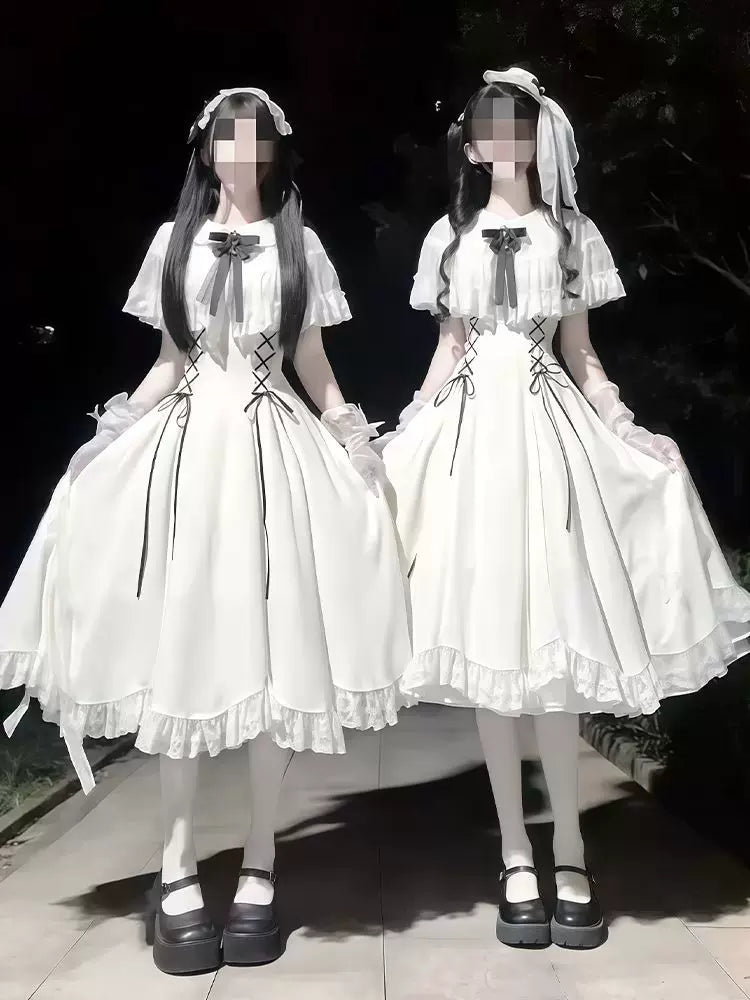 Creamy - CLA Twin - White OP Lolita dress with black lace-up details