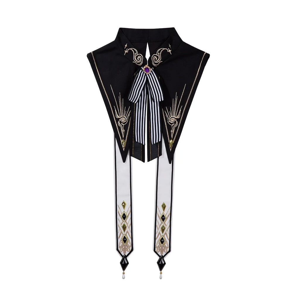 Black embroidered fake collar and white cape shown as separate pieces.