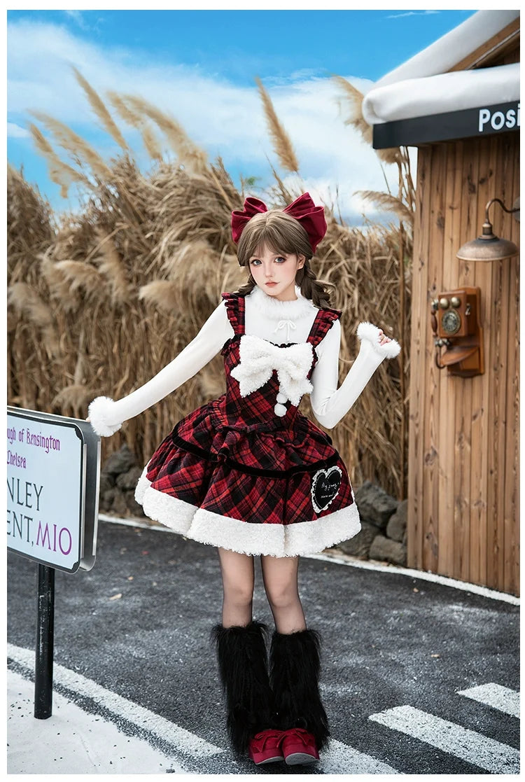 With PUJI - Snow Night Serenade - Fluffy Plaid Kawaii Lolita JSK, Reversible Cape