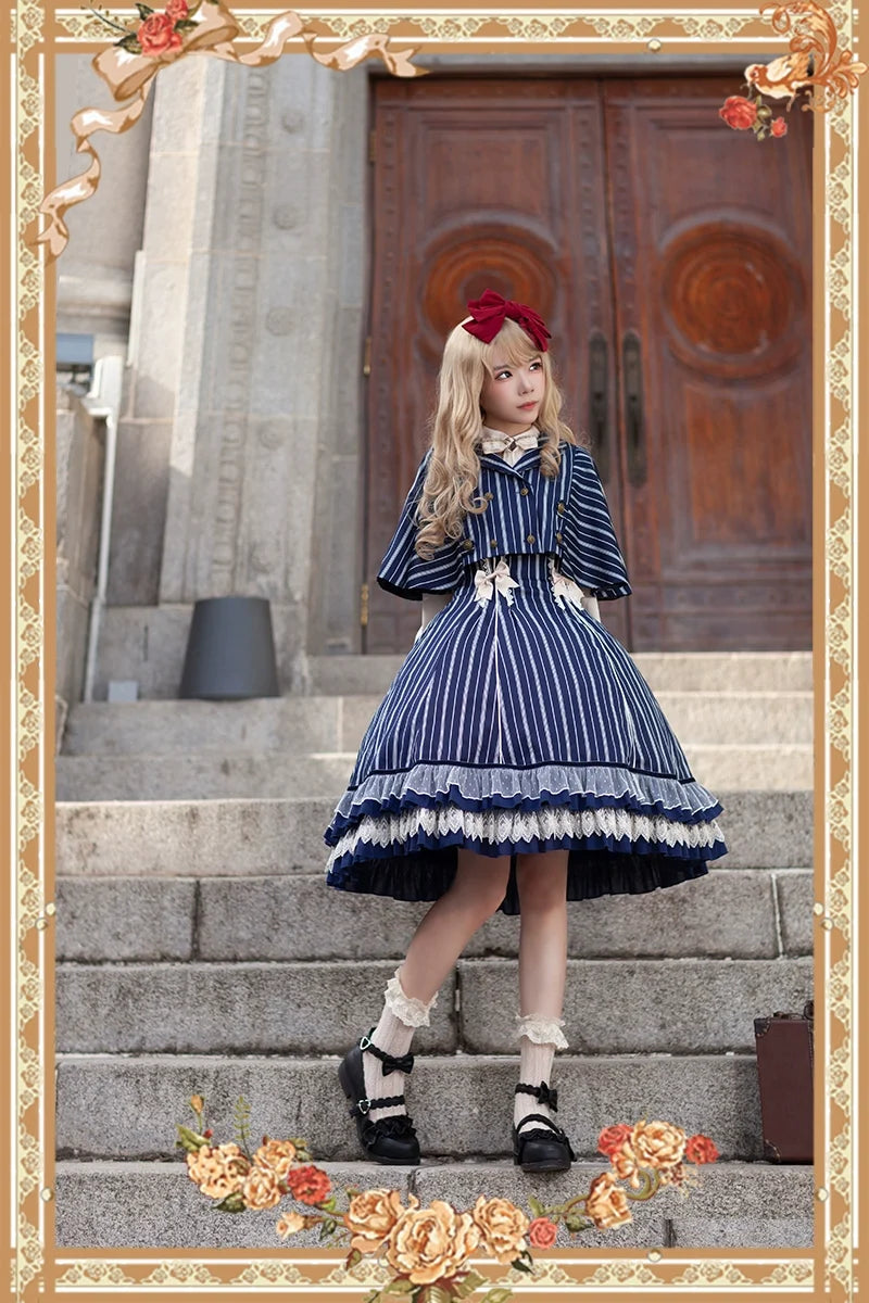 Infanta - Elegant Lolita Stripe High-waist - Jumper Dress Set and Cape SK Skirt