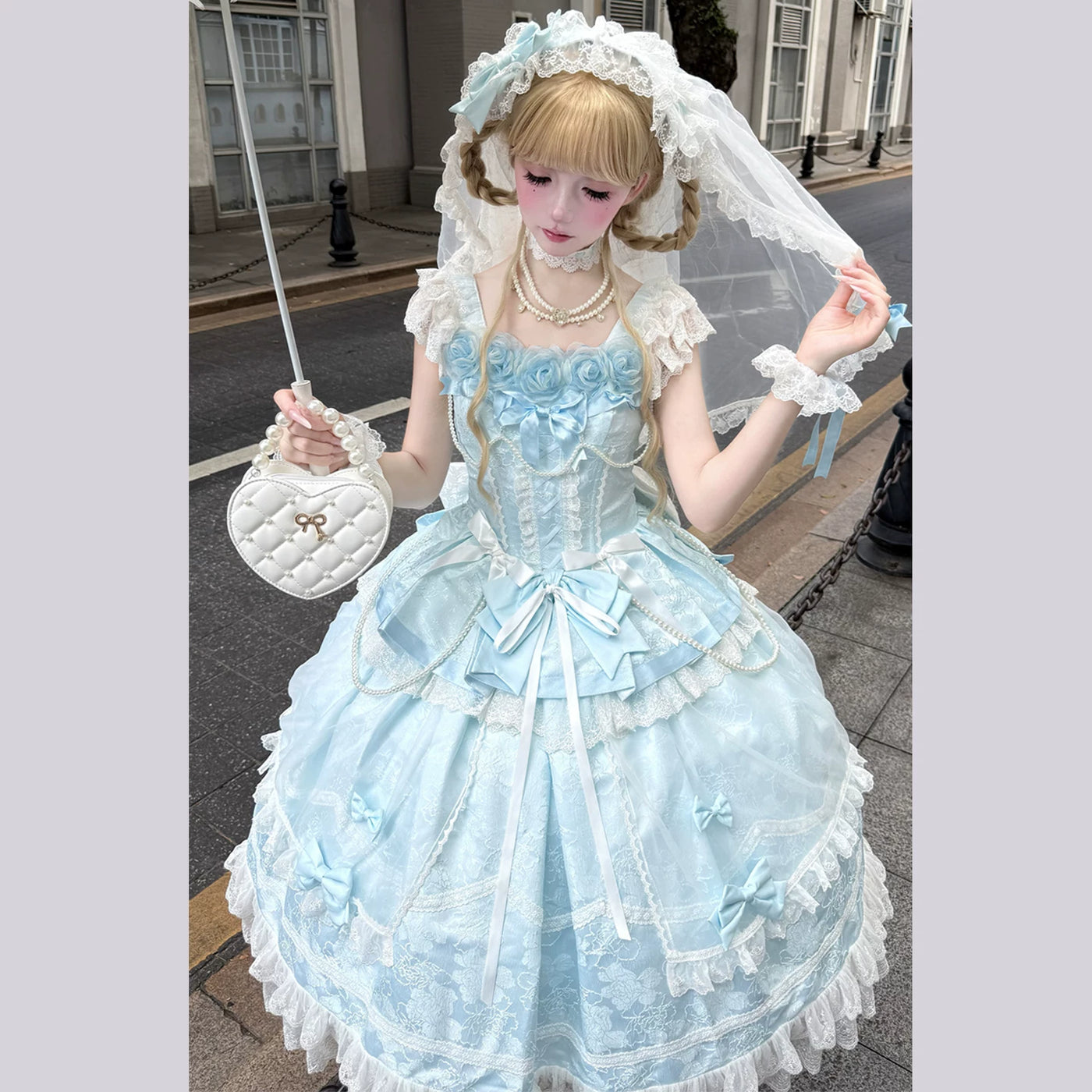 Yanran Ice Water Rose sweet lolita JSK dress, front view, featuring floral appliqués and lace trim