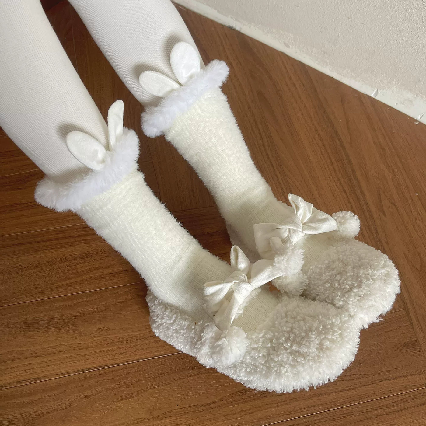 Sock Noble - Rabbit-Ear Warmers - Fuzzy Mid-Calf Scrunch Socks with Bunny-Ear Cuffs