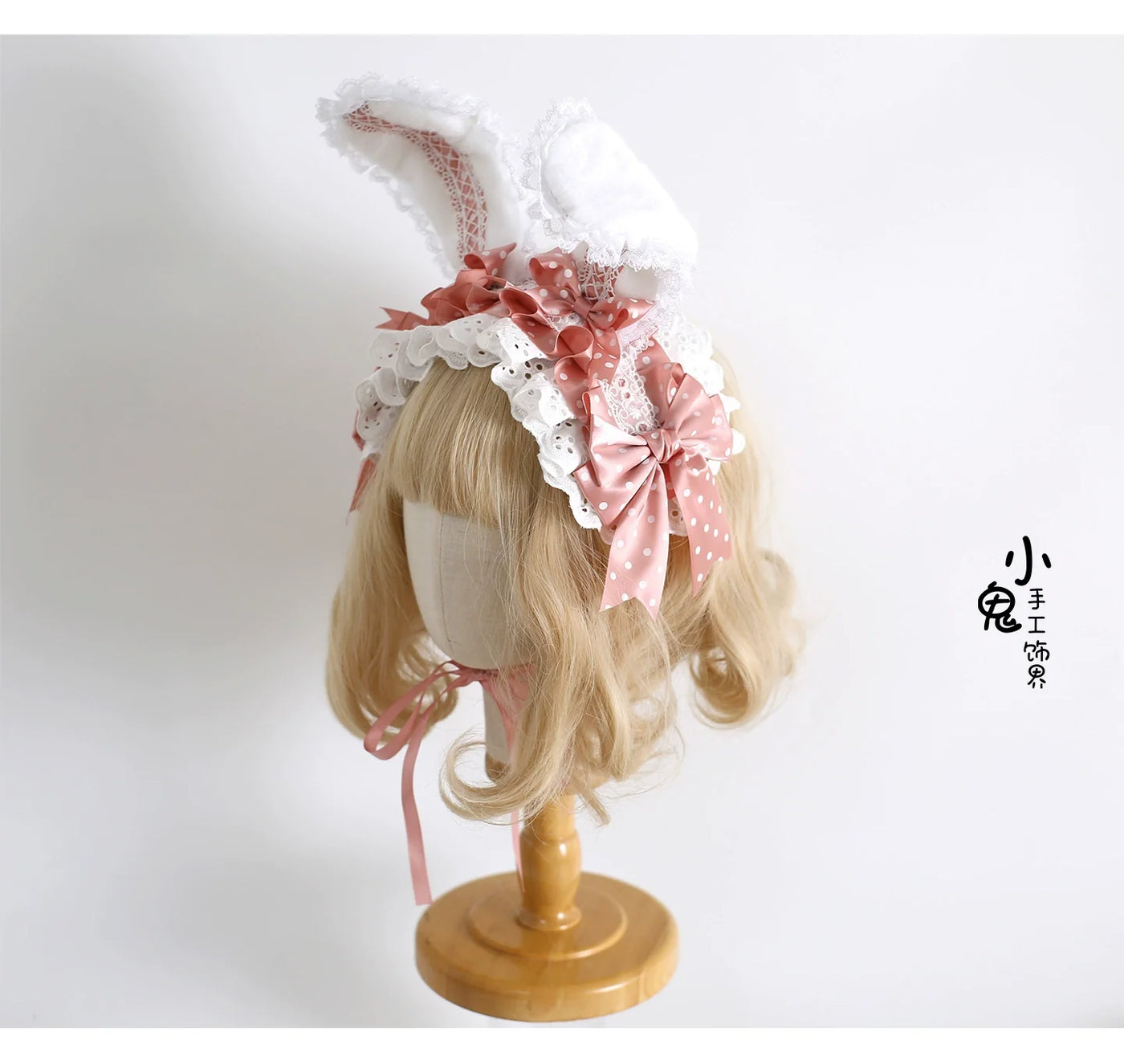 Xiaogui - Sweet Lolita Polka Dot Lace Hairband - Shapeable Bunny Ears Headwear