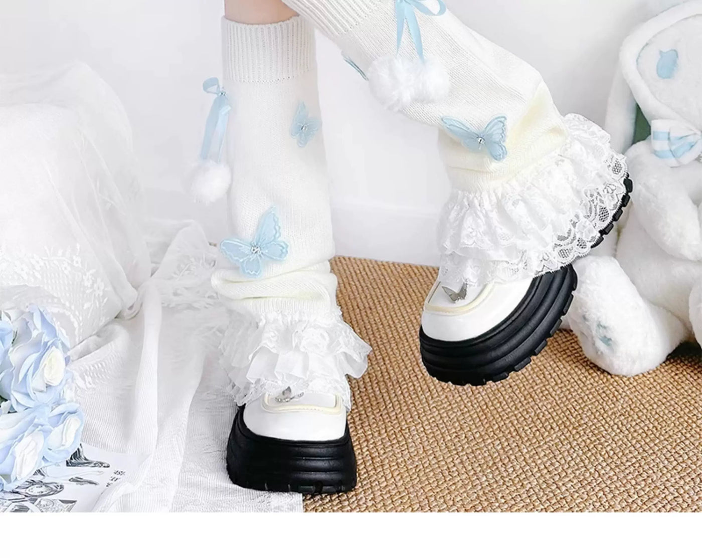 Floral Milk Cat - Butterfly Pom-Pom - Knit Leg Warmers with Lace Ruffles
