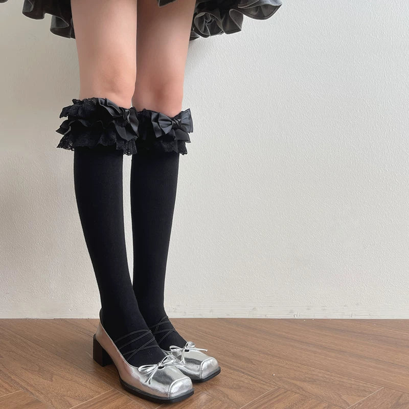 Sock Noble - Lace Bow - White or Black Mid-Calf or Long Socks with Lace Bow Trim