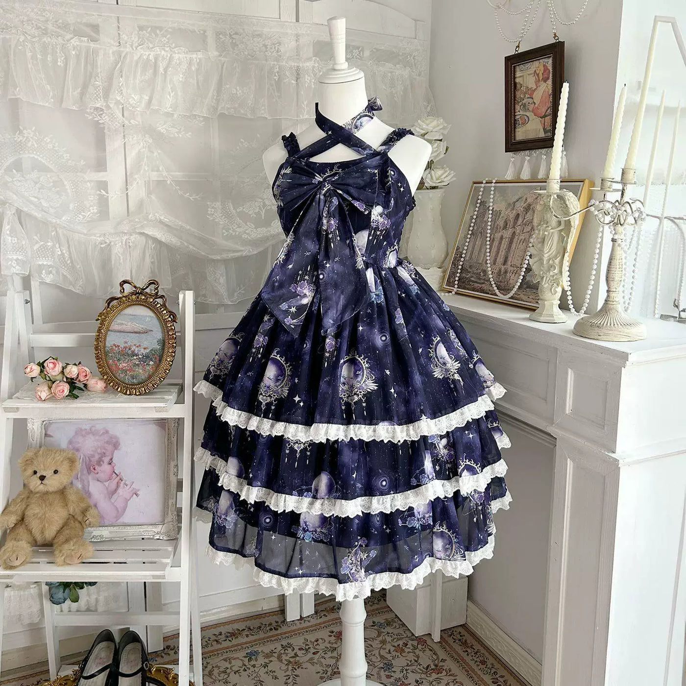 Black Star Moon Mirage Sweet Lolita JSK with celestial print and bow