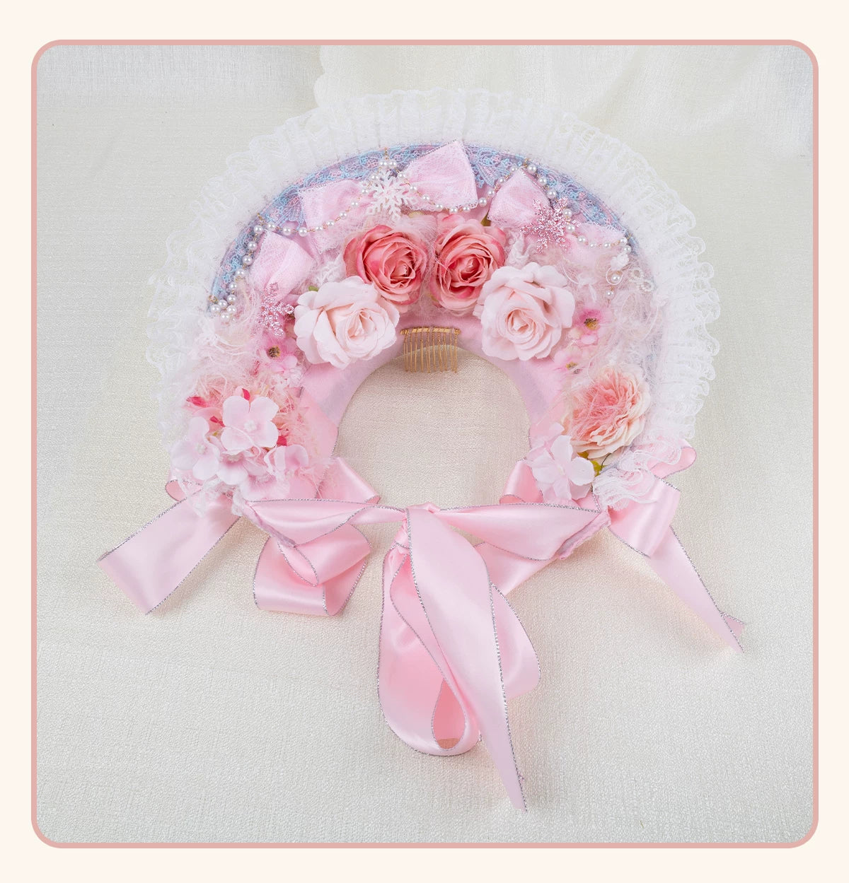 Stardust Rose - Pearl Rose Garden - Bonnet-Style Flat Hat with Rose Florals