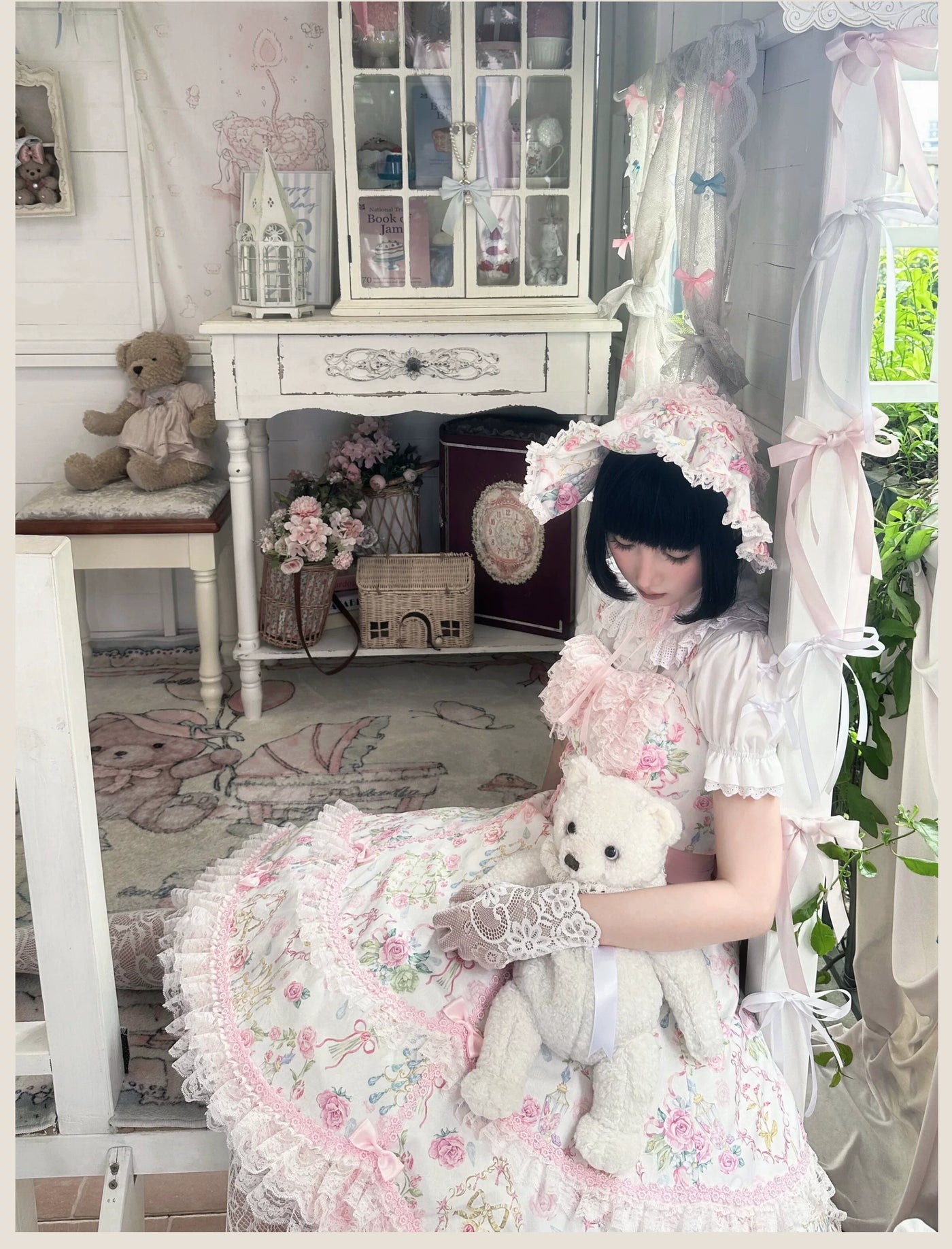 Tata Long Ear - Spring 2025 Floral Wall - Floral Print JSK Dress with Layered Lace Ruffles