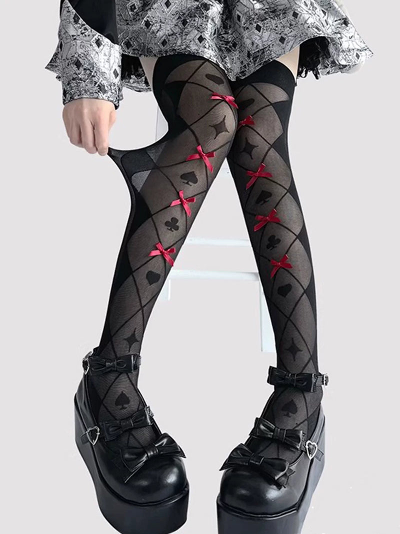 Fantasy Doll - Ribbon Jacquard - Over-the-knee jacquard socks with card-suit motifs