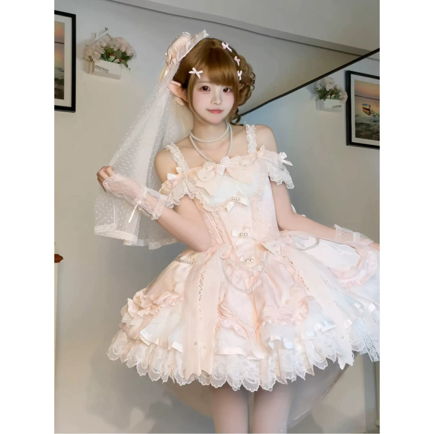 Creamy - Pink Ballet Princess - Pink Lolita dress with a pearl-trimmed ruffle bodice