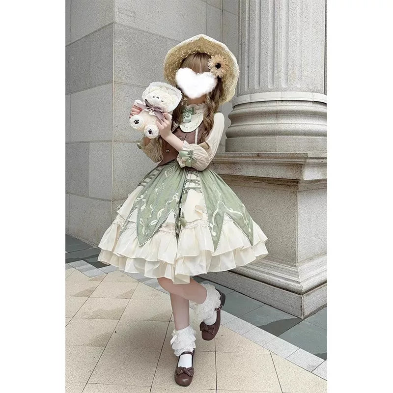 Creamy - Meadow Green - Green Three-Piece Set with Vest, Shirt and Gathered Short Skirt