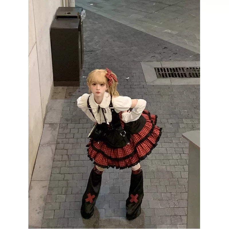 Creamy - Rock Idol - Punk Lolita Outfit Set with a Red-and-Black Plaid Skirt