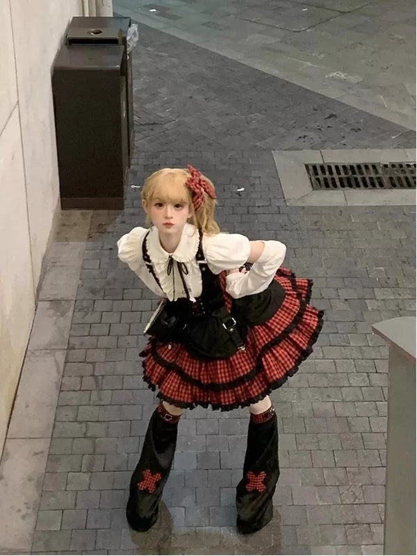 Creamy - Rock Idol - Punk Lolita Outfit Set with a Red-and-Black Plaid Skirt
