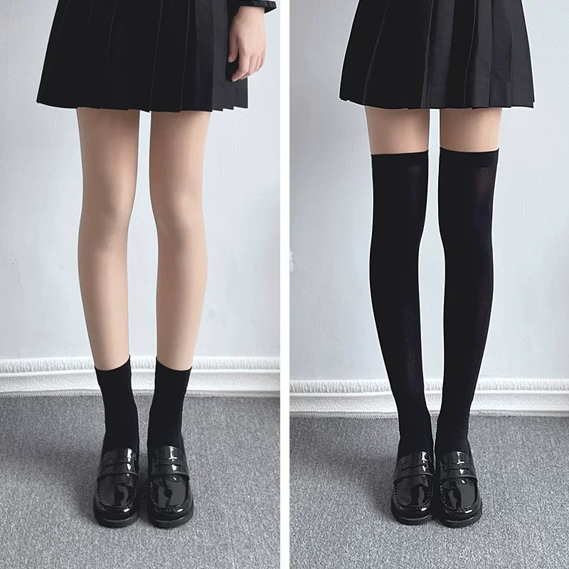 Floral Milk Cat - Black Multi-Length - Thin Heelless Socks in Four Lengths