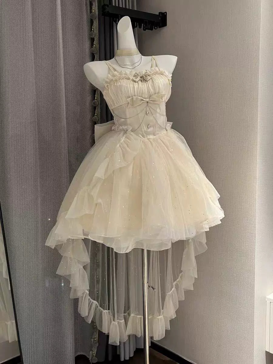 Polaris glittering Lolita dress set with a tail train, shown on a mannequin and model.