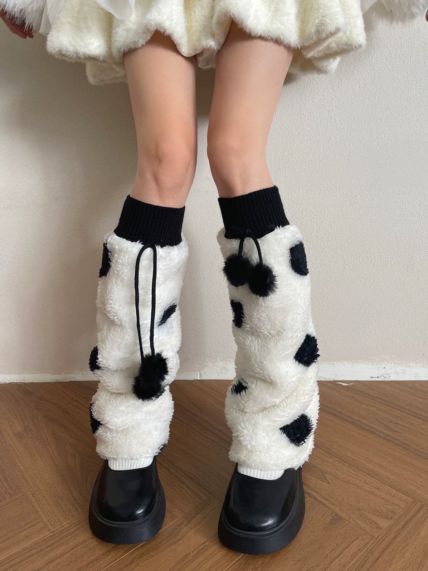 Sock Noble - Cream Polka Dot - Fluffy Sock Covers with Pom-Pom Ties