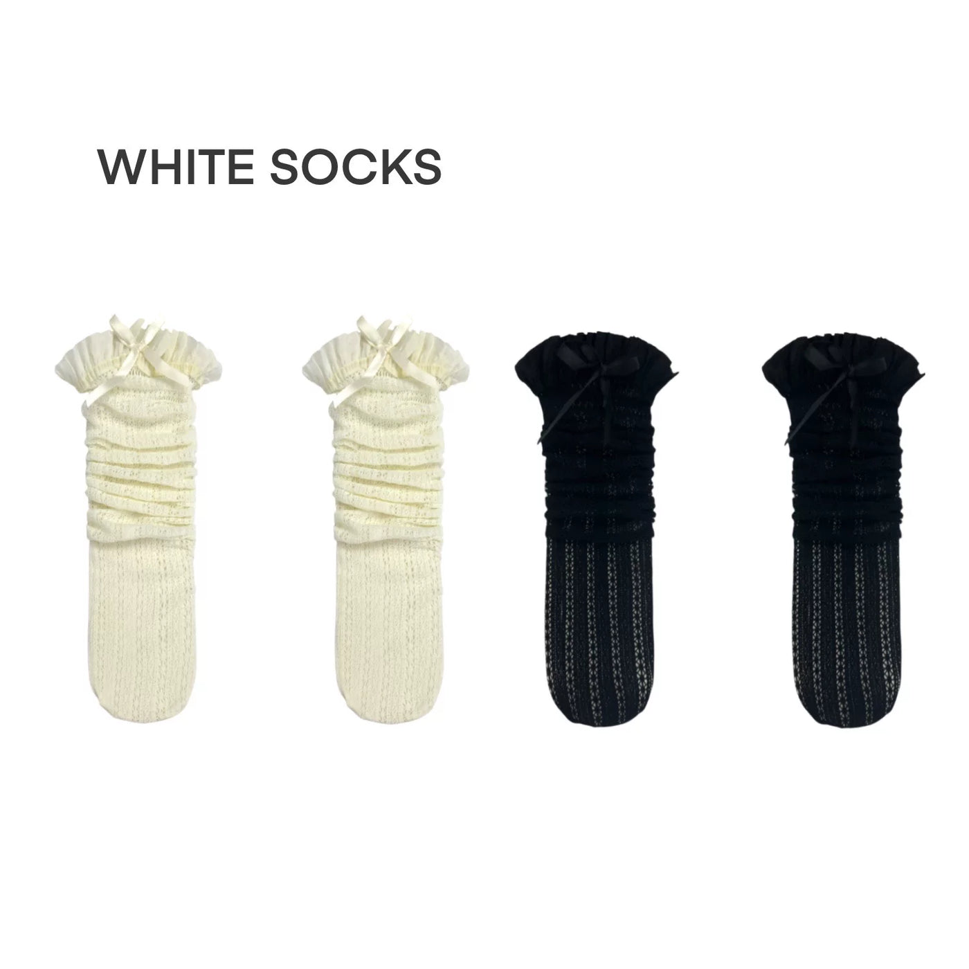 White Socks - Ballet Bow - Openwork Mid-Calf Socks with Ruffled Cuffs