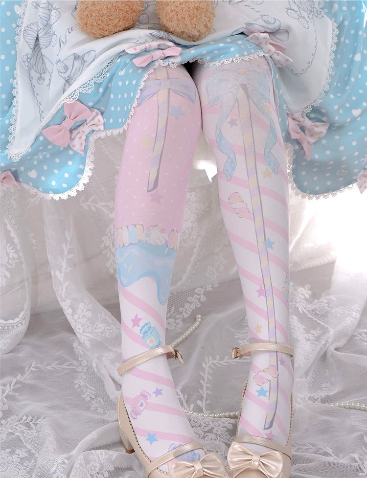 roji roji - Holy Scepter - Printed Velvet Over-the-Knee Socks with Bow and Star Motifs