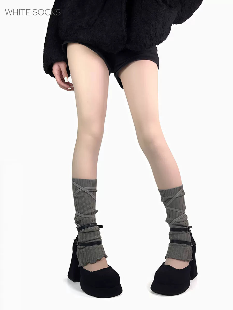 White Socks - Ballet Strap - Ribbed Leg Warmers with Wraparound Strap Details
