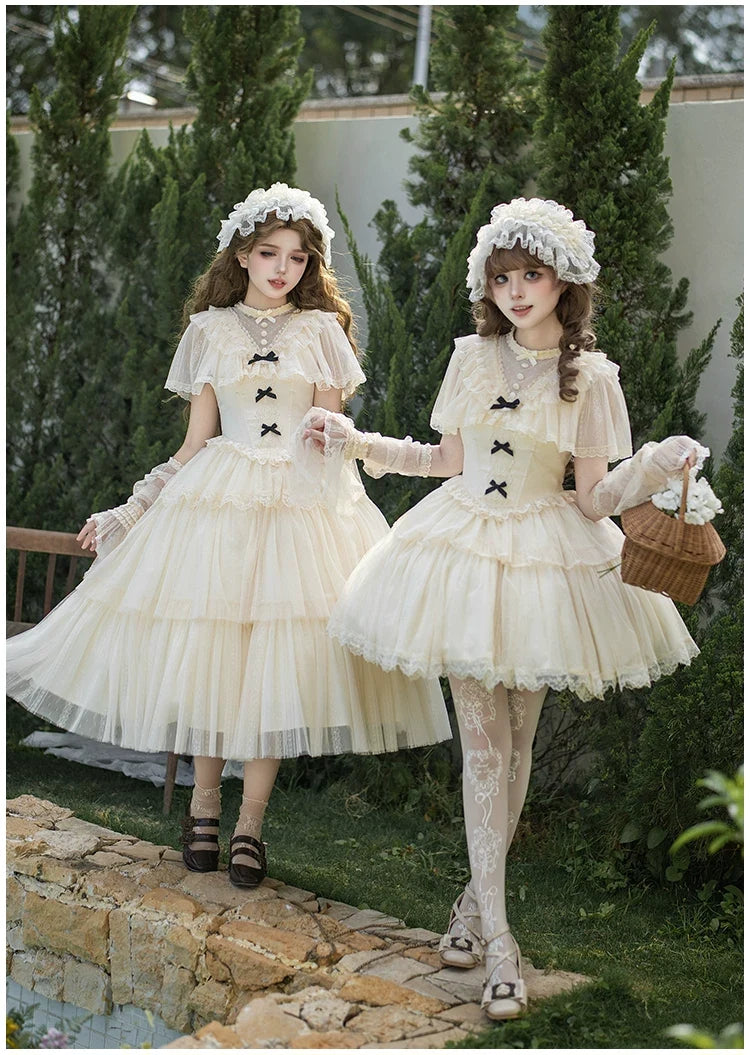 With PUJI - White Mist Promise - Classic Lolita Corset OP Set, Edwardian Collar & Tiered Hem