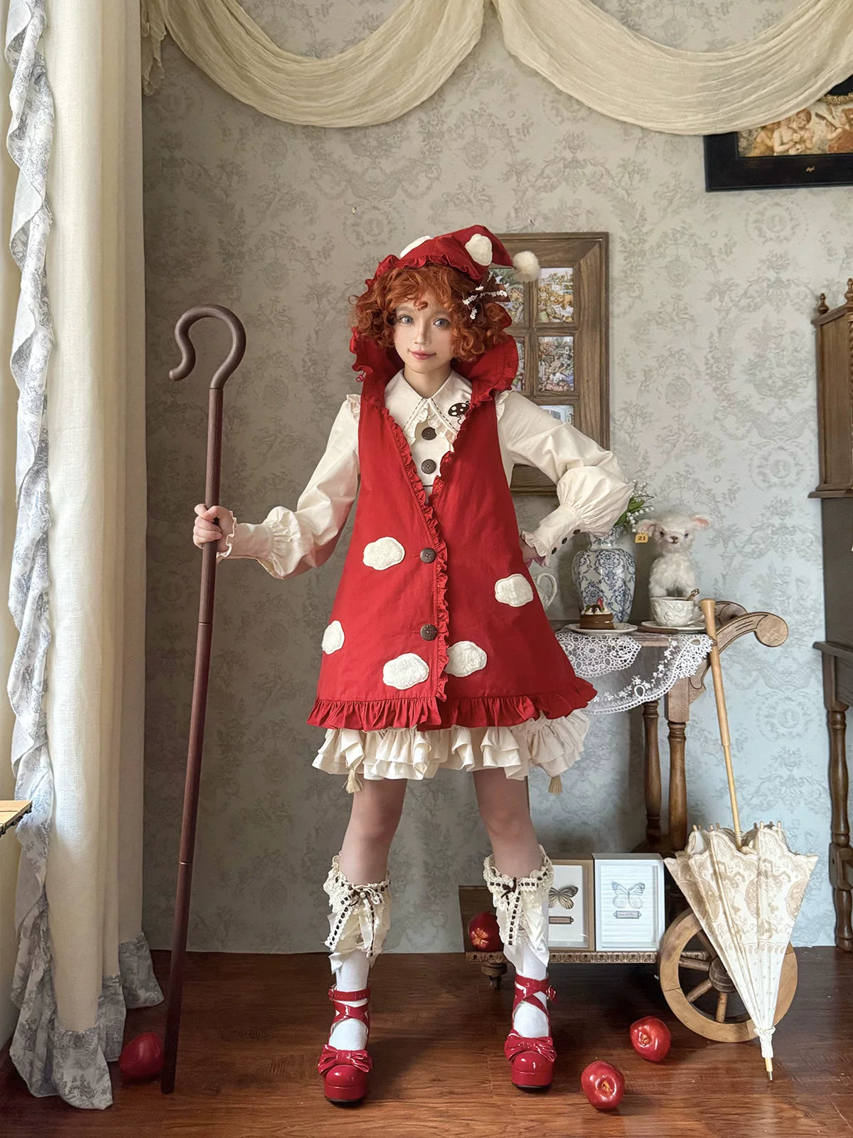 Baozi Pig - Mushroom Forest - Padded Red Outerwear Vest with Ruffle Hem and Inner-Layer Options