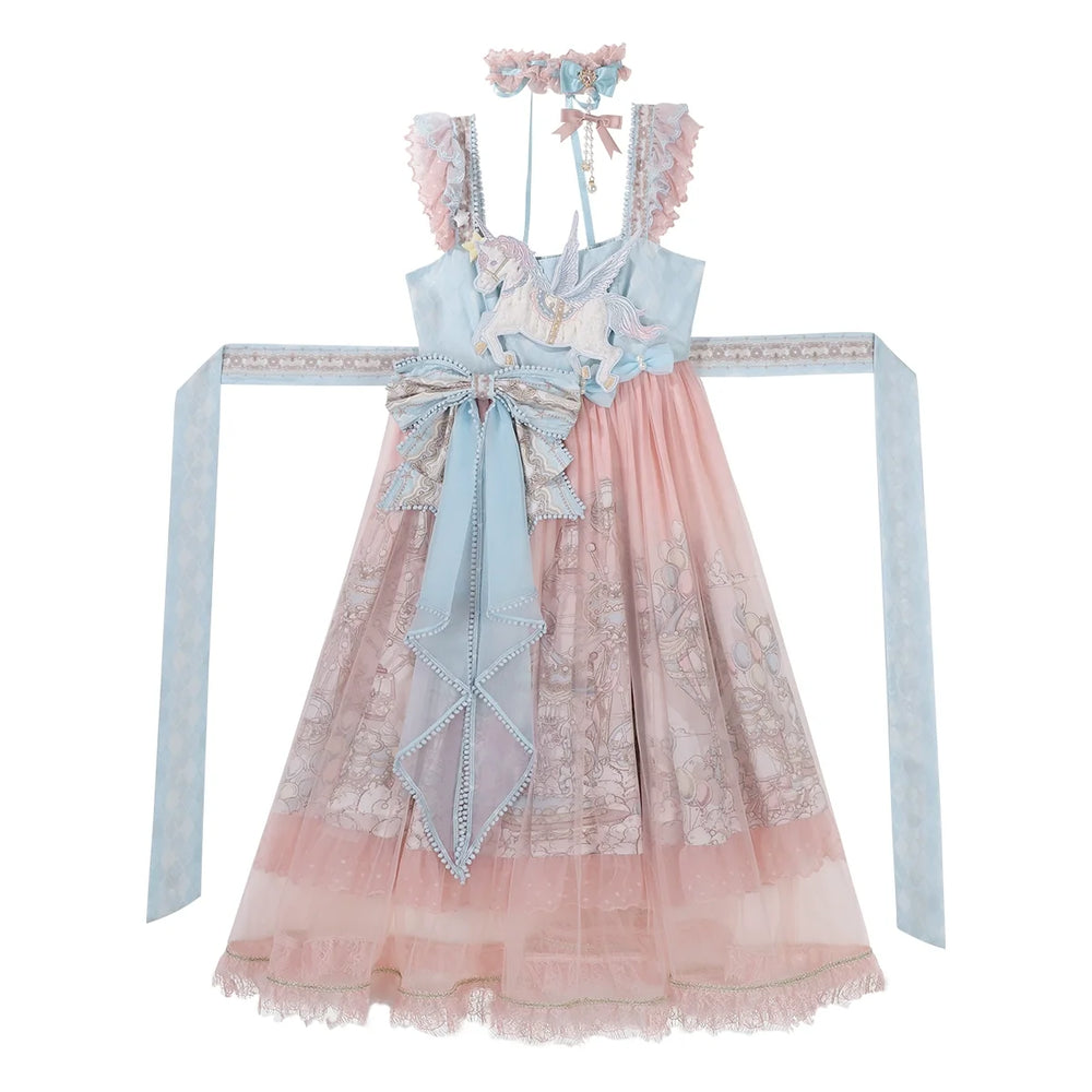 Pastel blue and pink Sweet Lolita JSK dress with carousel print, a large bow, and pony embroidery patch.