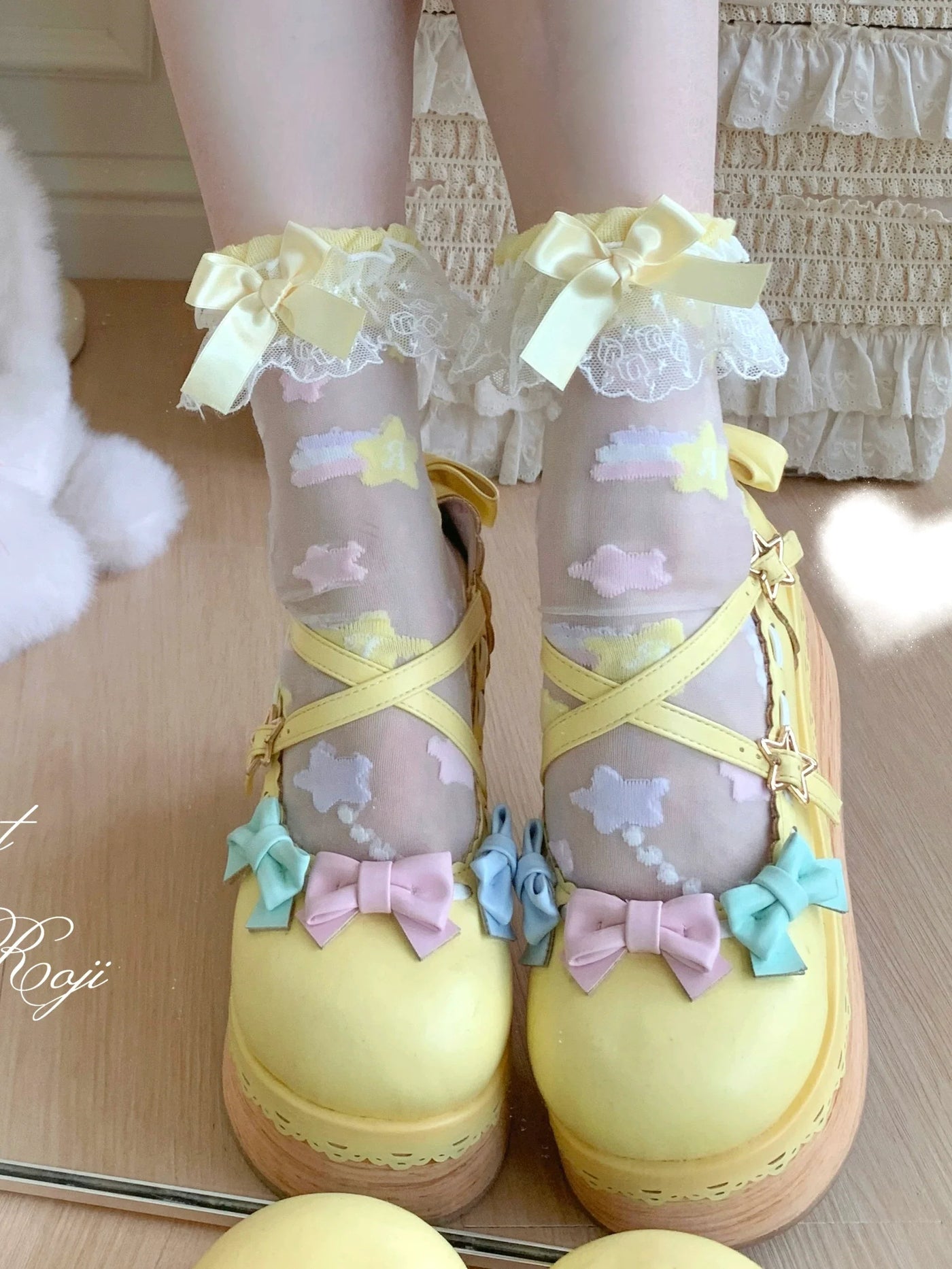Sweet Lolita Star Embroidered Socks with Colorful Satin Bow Colorful Star Socks with Yellow Bow