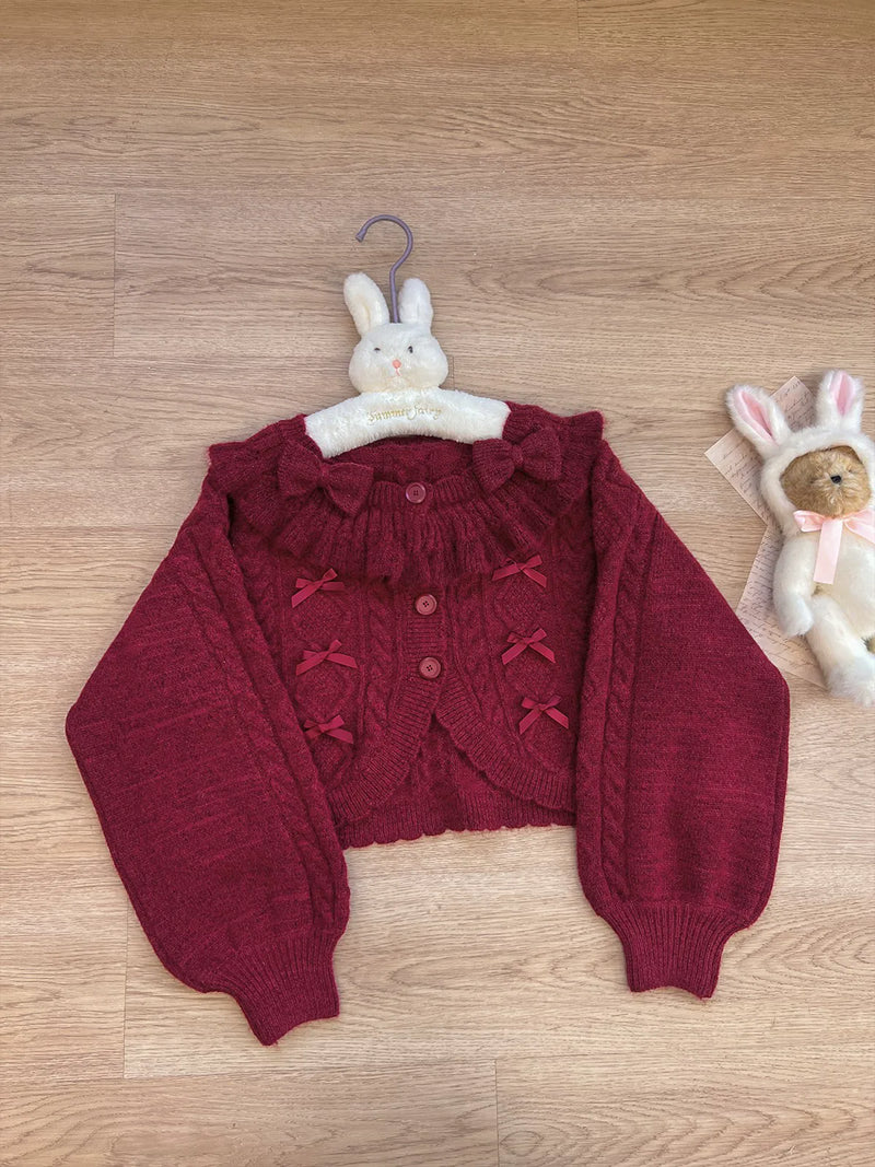 Tan Tuan Napoleon Pastry Bow Balloon-Sleeve Cardigan — Cherry Red