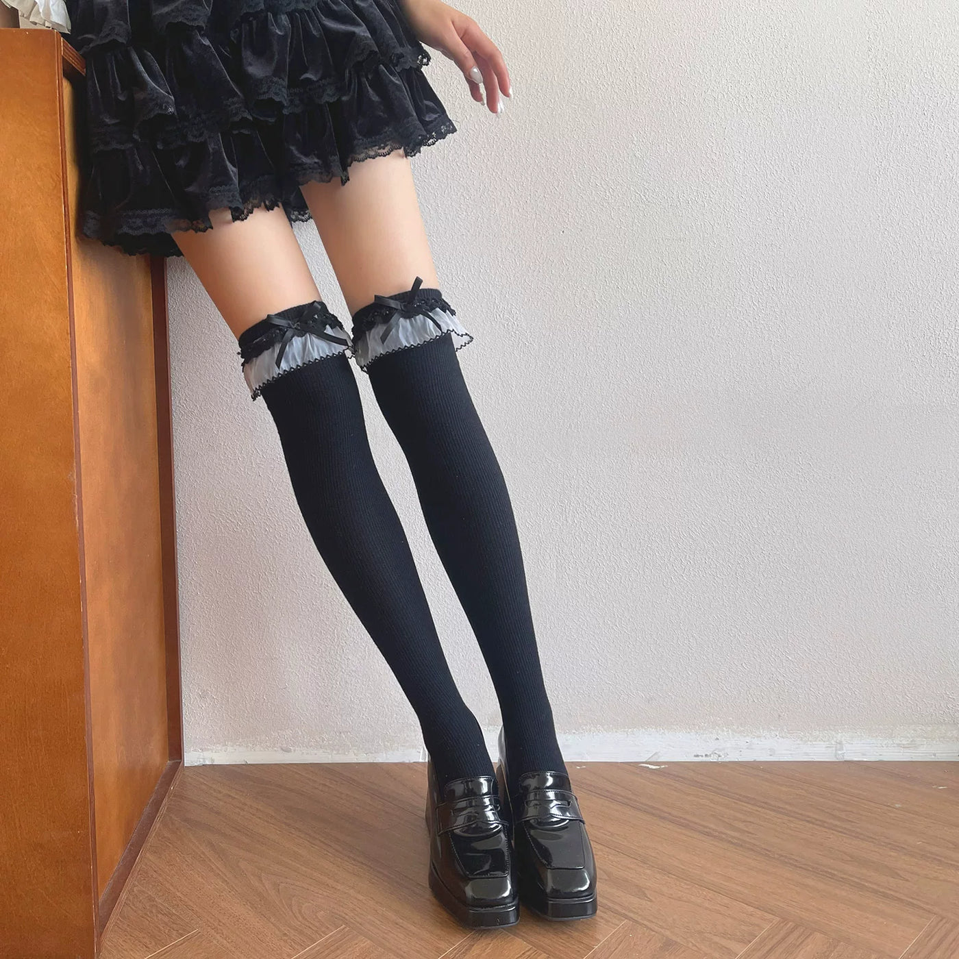Sock Noble - Double-Layer Lace Bow - Cotton Over-the-Knee Socks with Mesh Lace Trim