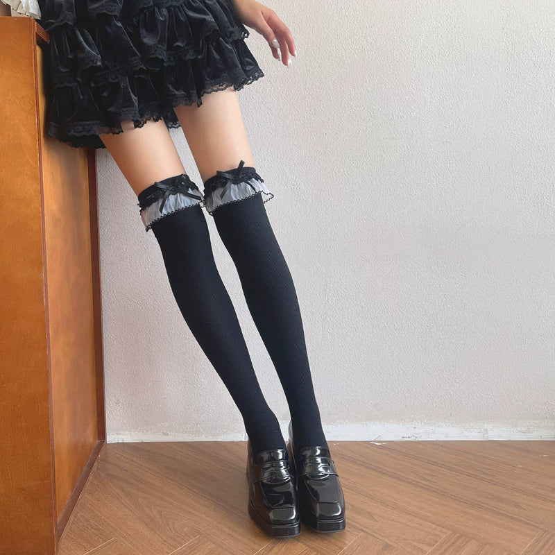 Sock Noble - Double-Layer Lace Bow - Cotton Over-the-Knee Socks with Mesh Lace Trim